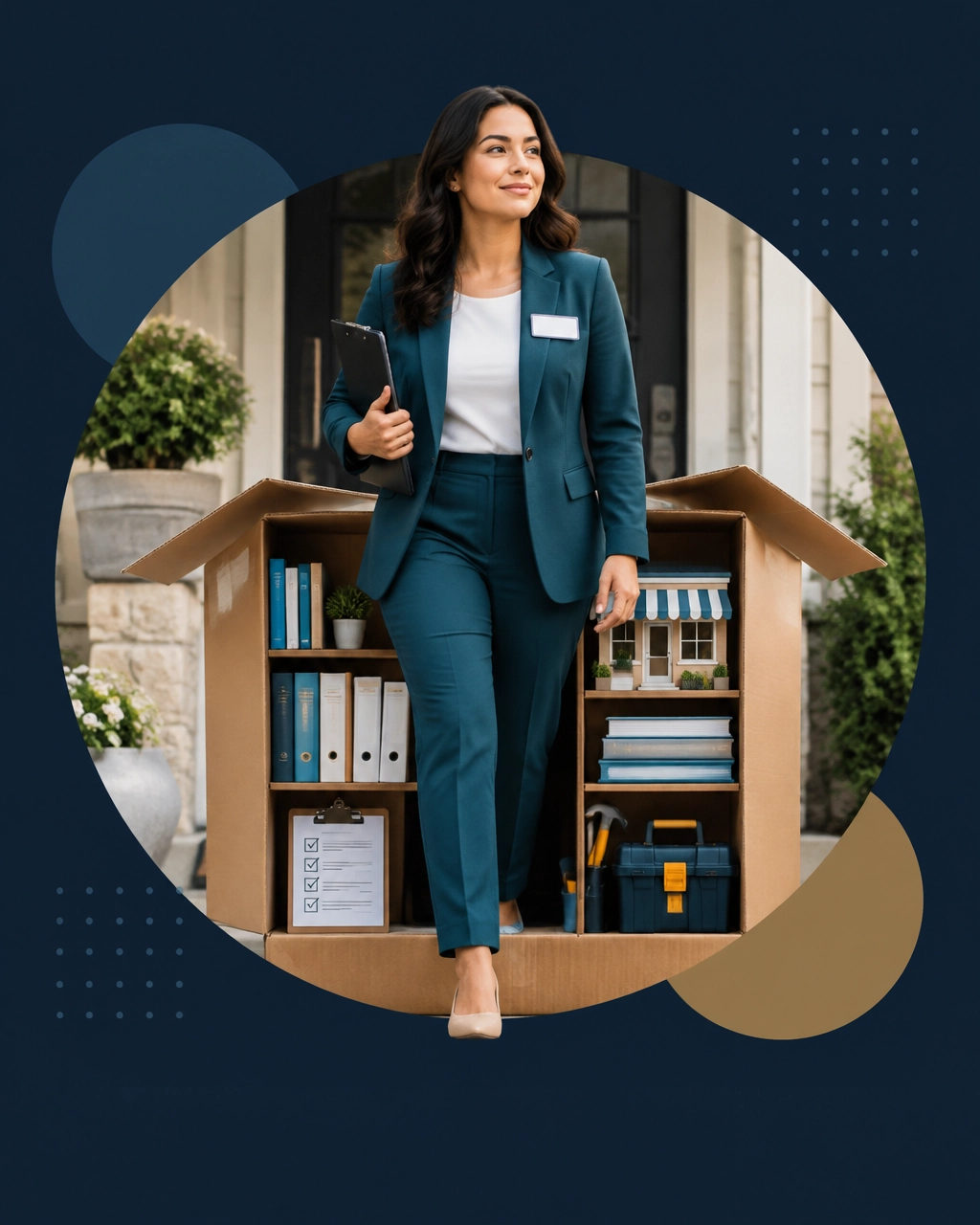 Professional woman stepping out of a giant cardboard box organized with training manuals, tools, checklists, and a miniature storefront