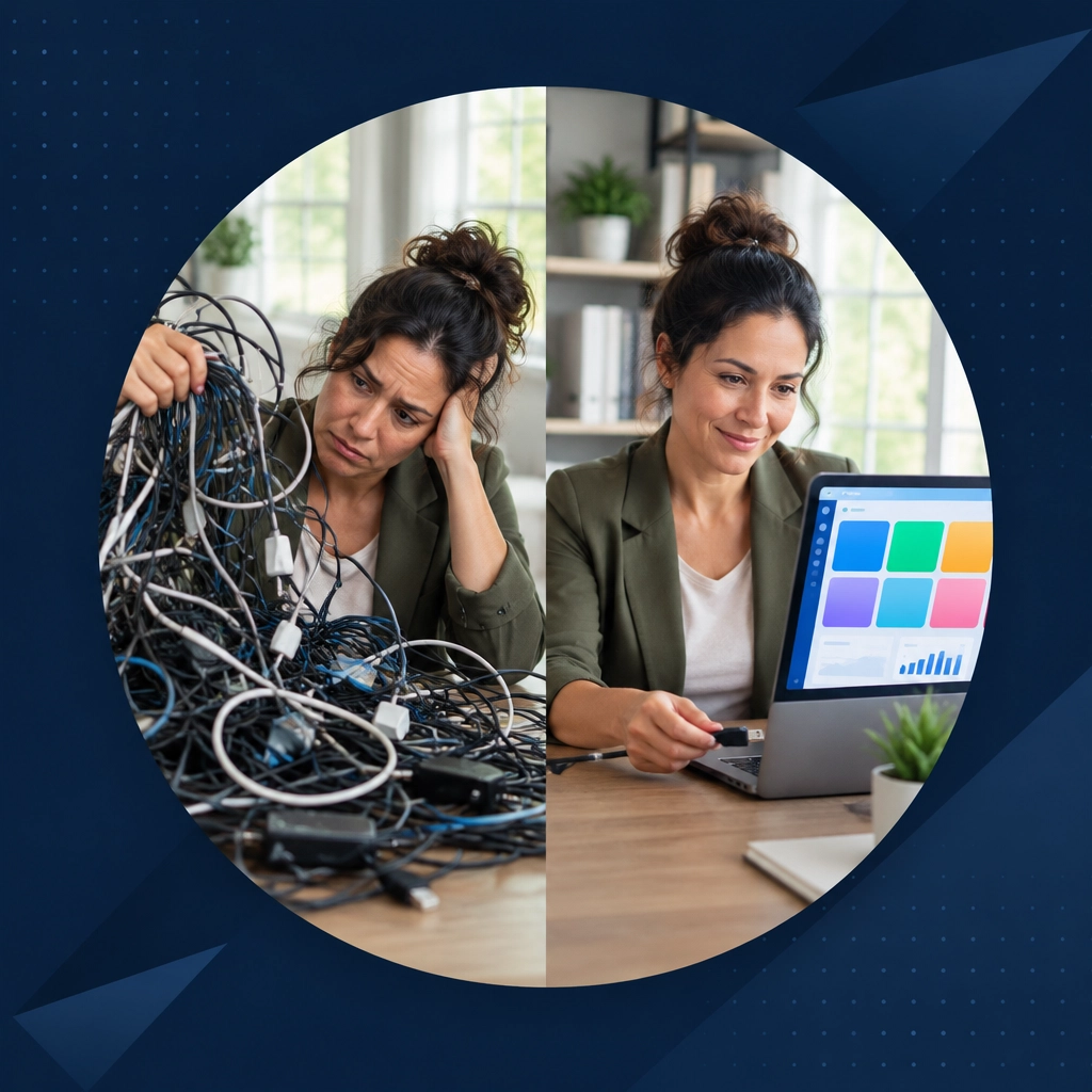 A burned-out professional moves from a tangled bundle of cables to a clean franchise dashboard, symbolizing a more manageable operating structure