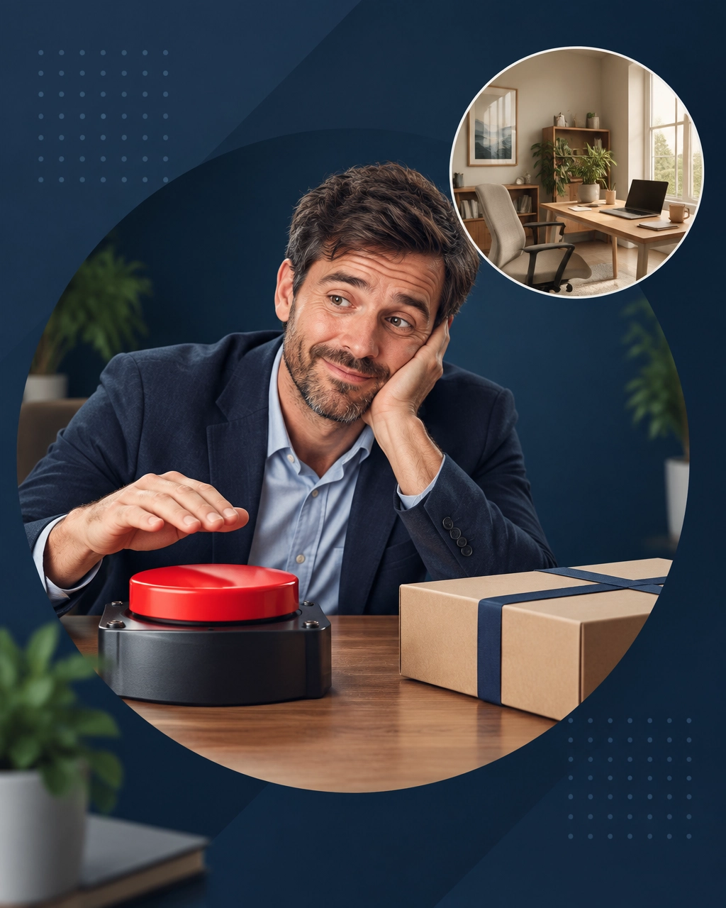 A burned-out professional reaches toward a large reset button beside an unopened business-in-a-box