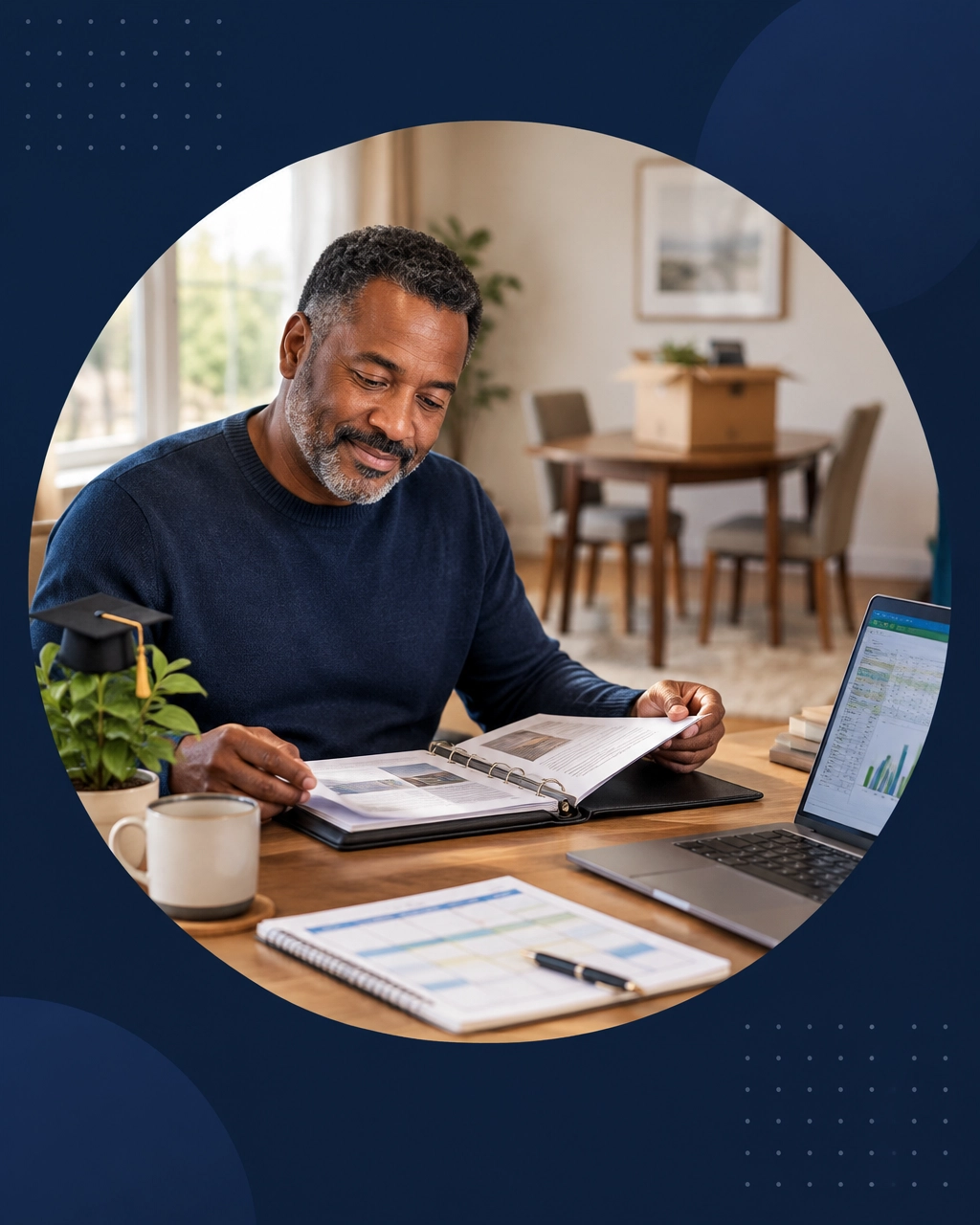 A man reviews franchise materials at home while a quiet dining table and a small moving box hint at a changed routine