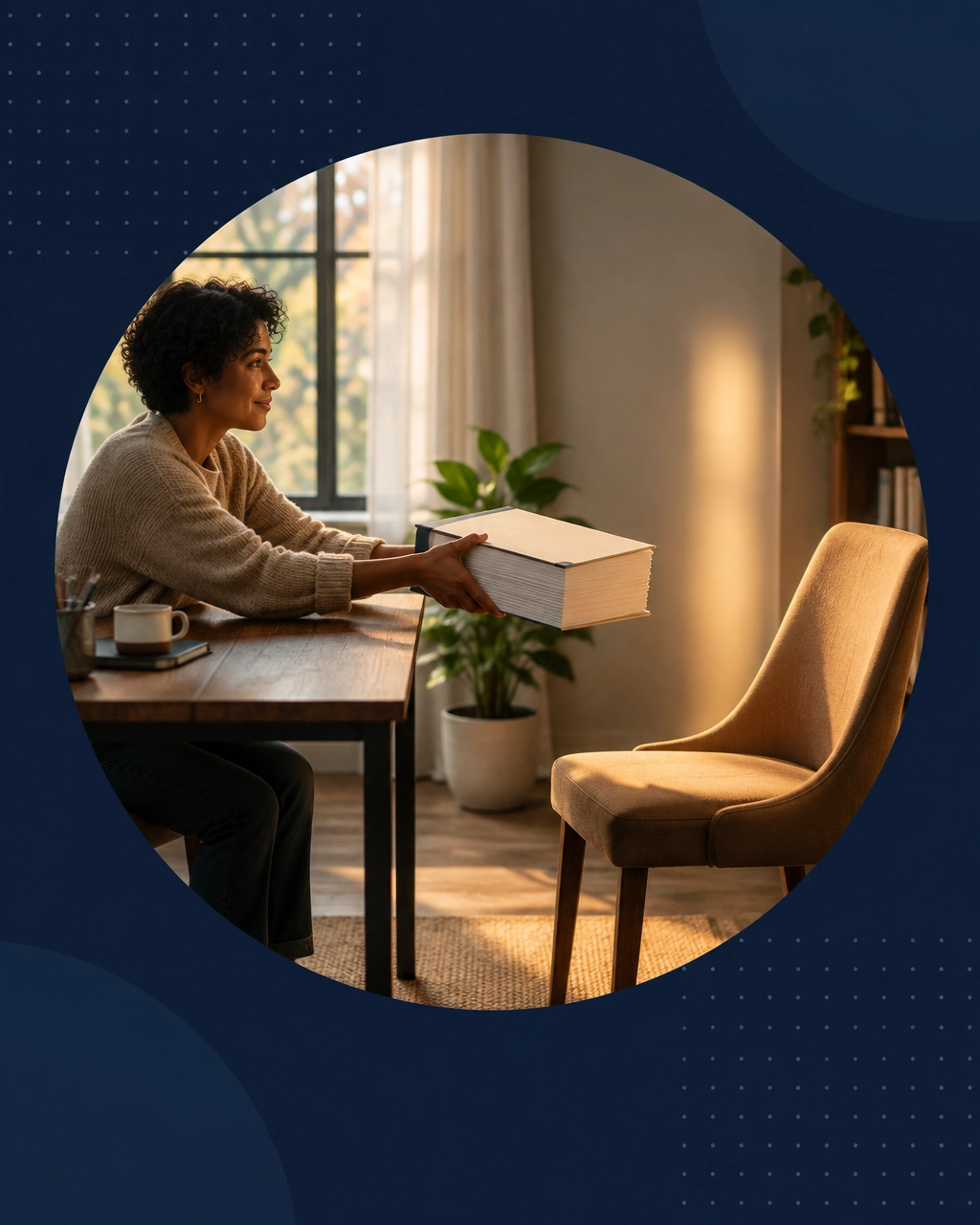 A person hands an oversized blank manuscript toward an empty chair, symbolizing the next chapter after loss