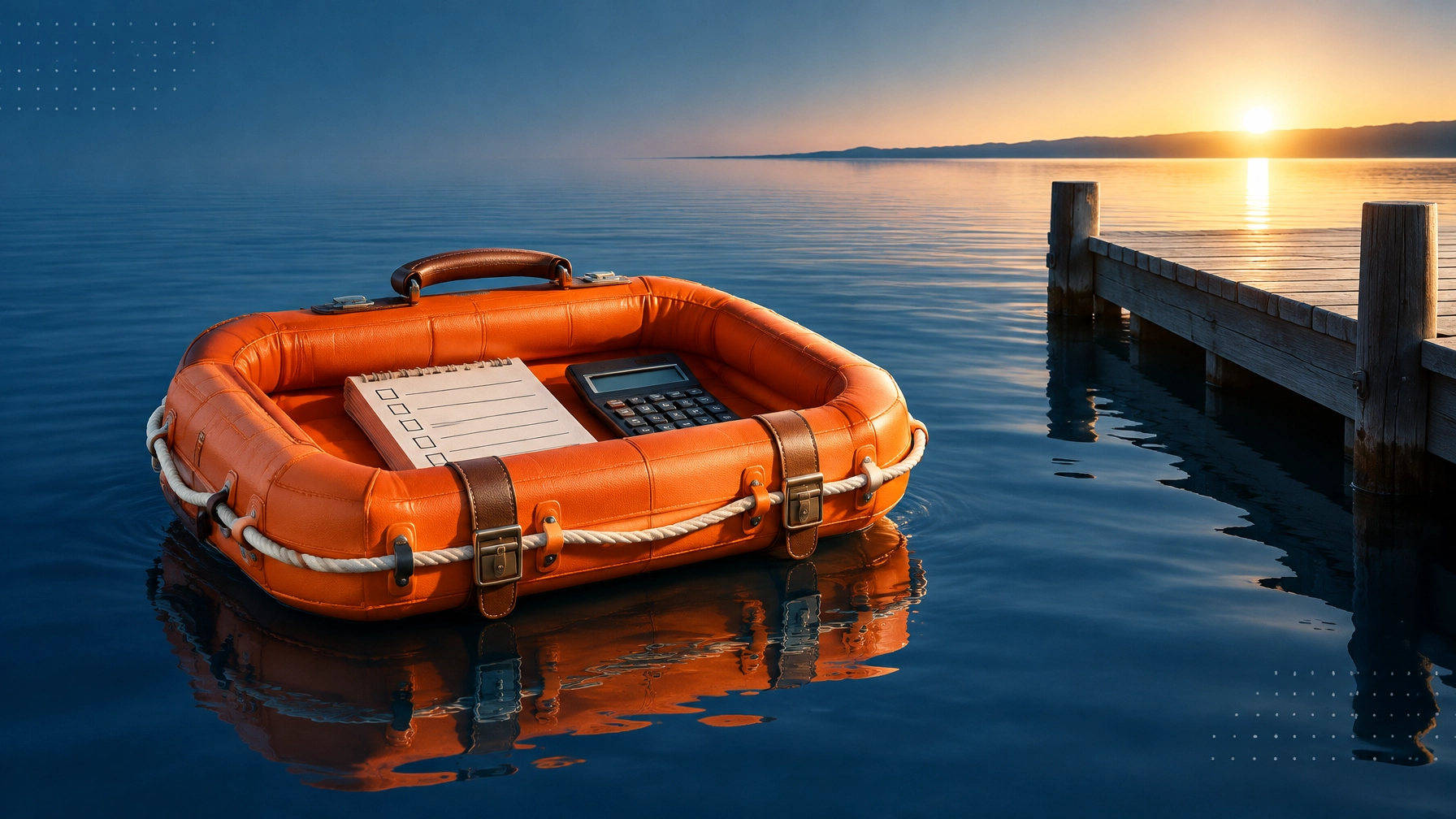 An orange life raft shaped like a briefcase floating with a checklist and calculator at sunrise, symbolizing practical planning during a transition