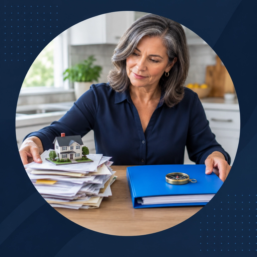 A professional woman organizes divorce paperwork beside a franchise planning binder and compass, using a tiny house model as a fresh-start metaphor