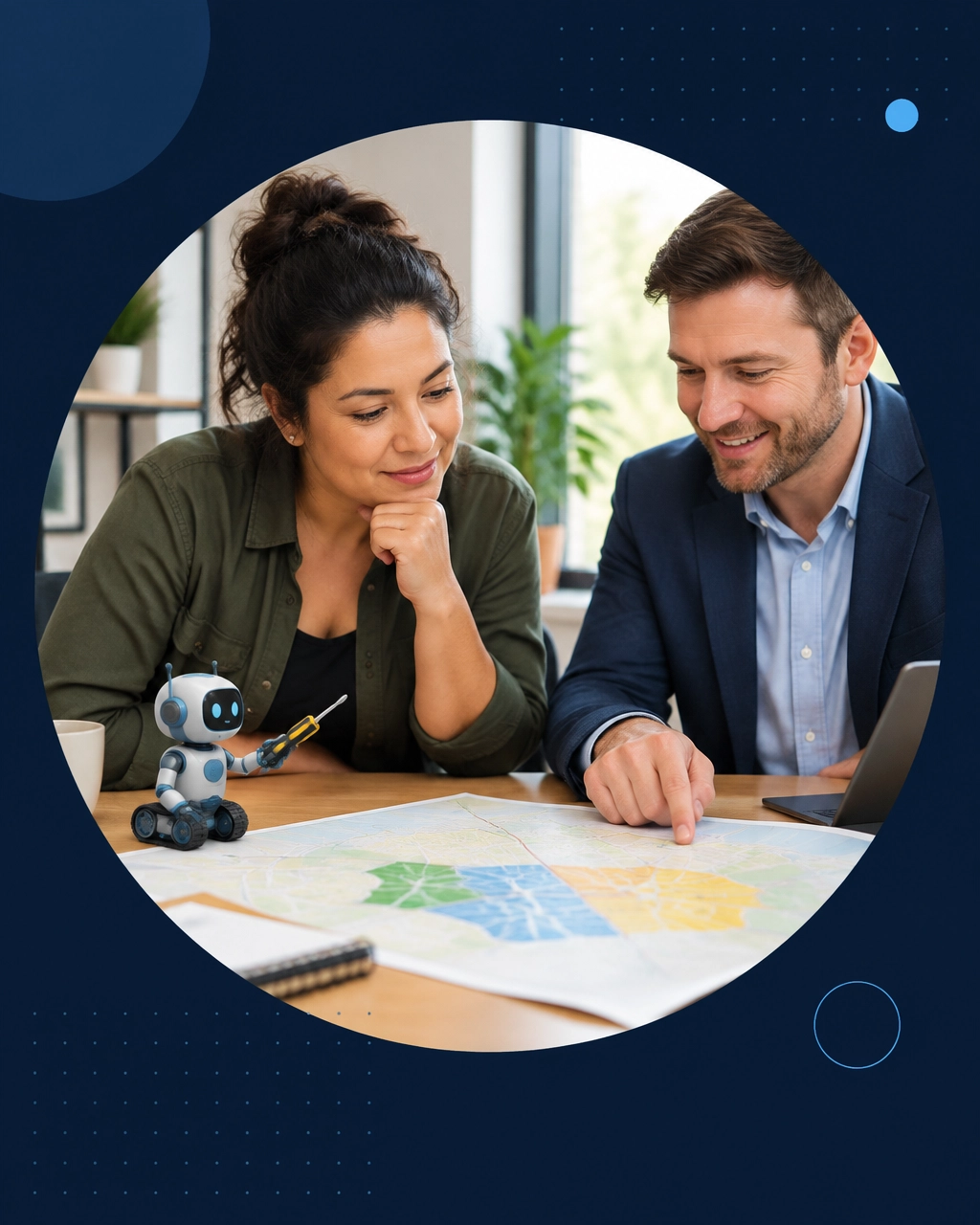 A prospective owner reviews a neighborhood service map with an advisor as a toy robot holds a tiny screwdriver