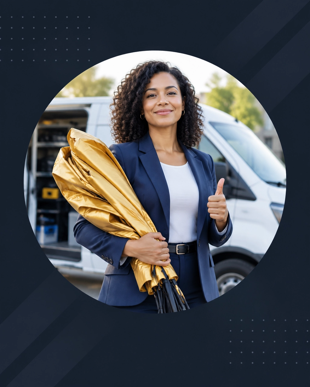 A professional entrepreneur gives a confident thumbs-up while holding an oversized golden parachute beside a mobile service van