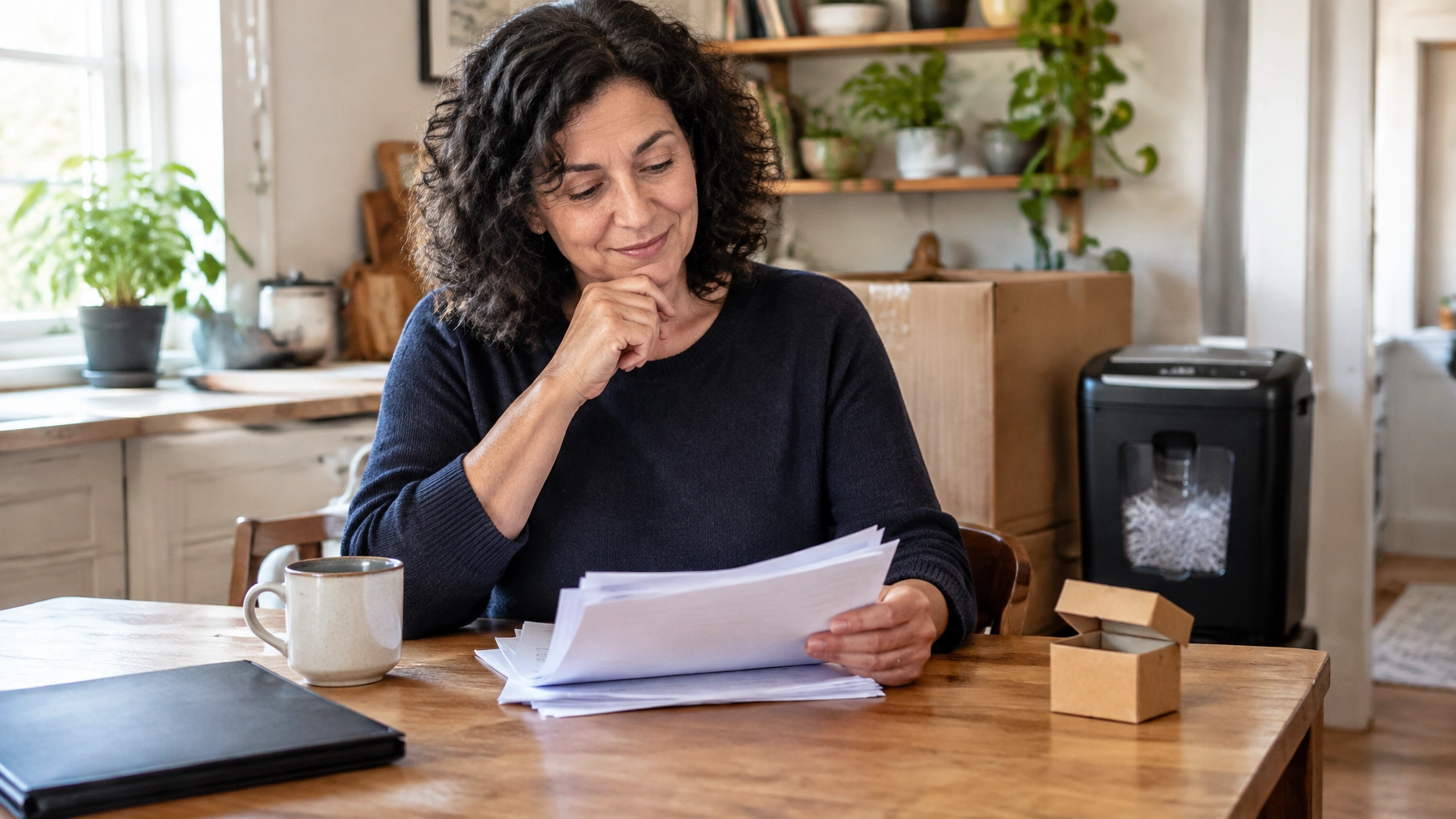 A woman thoughtfully reviews paperwork at a kitchen table while a small empty box sits beside her mug and a paper shredder hums in the background
