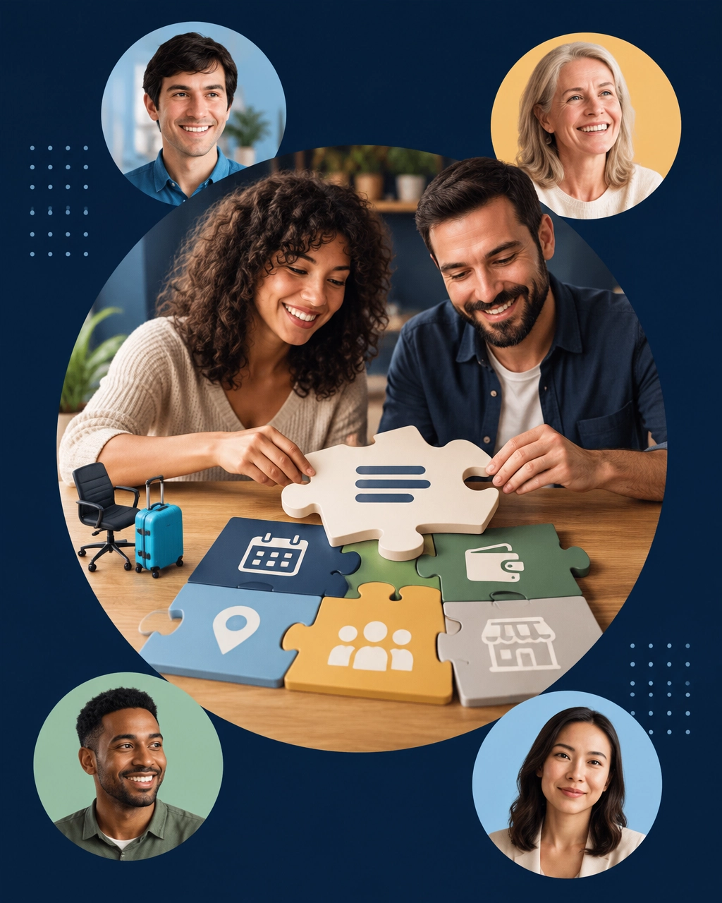 Prospective franchise owners arrange puzzle pieces representing time, money, location, team, and business fit
