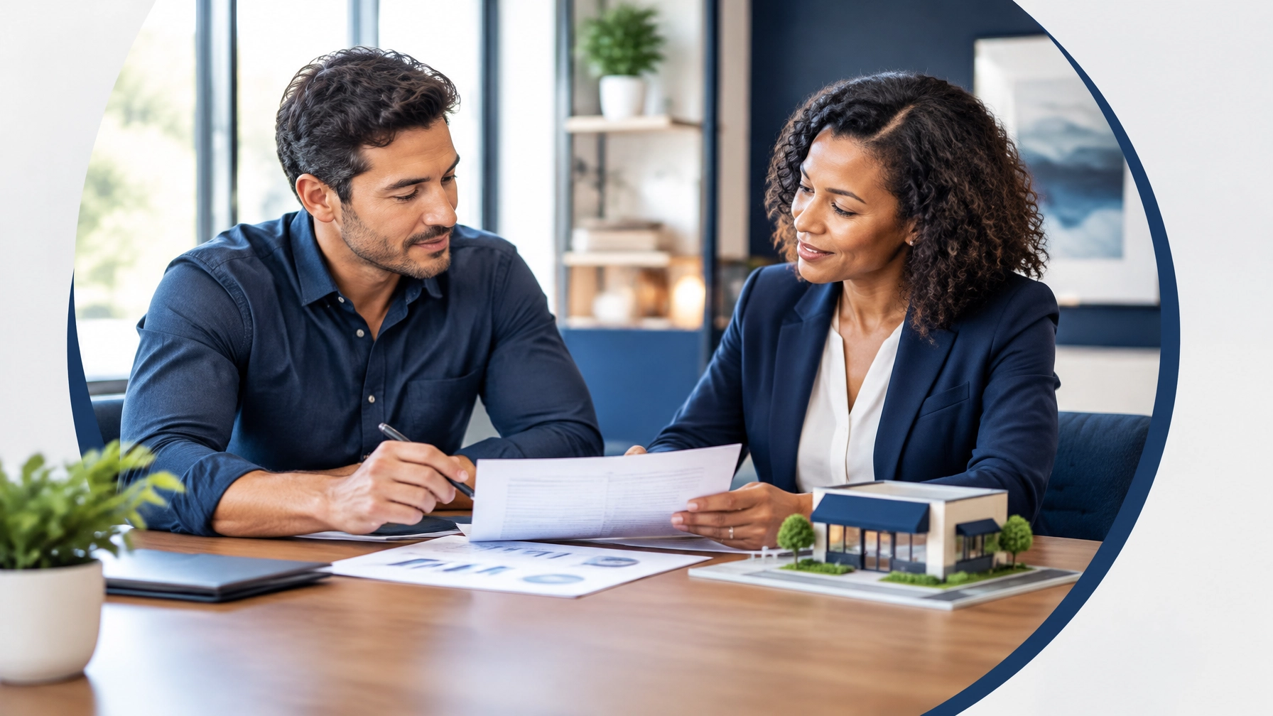 A prospective franchise buyer and advisor review a business budget and miniature storefront together