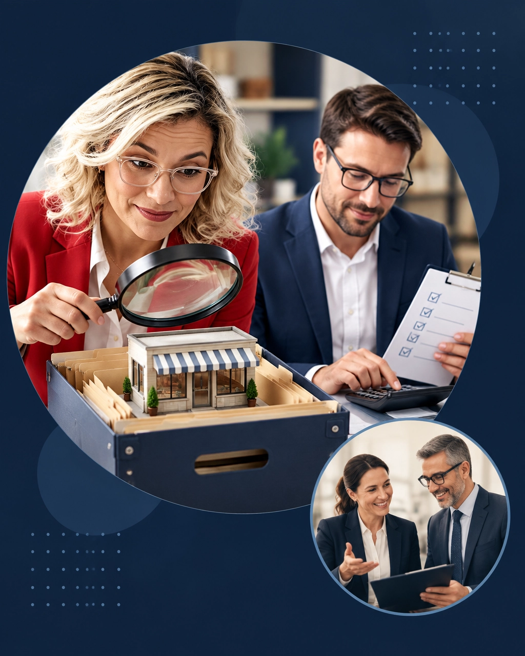 A professional examines a miniature storefront with a magnifying glass while another reviews a checklist and calculator