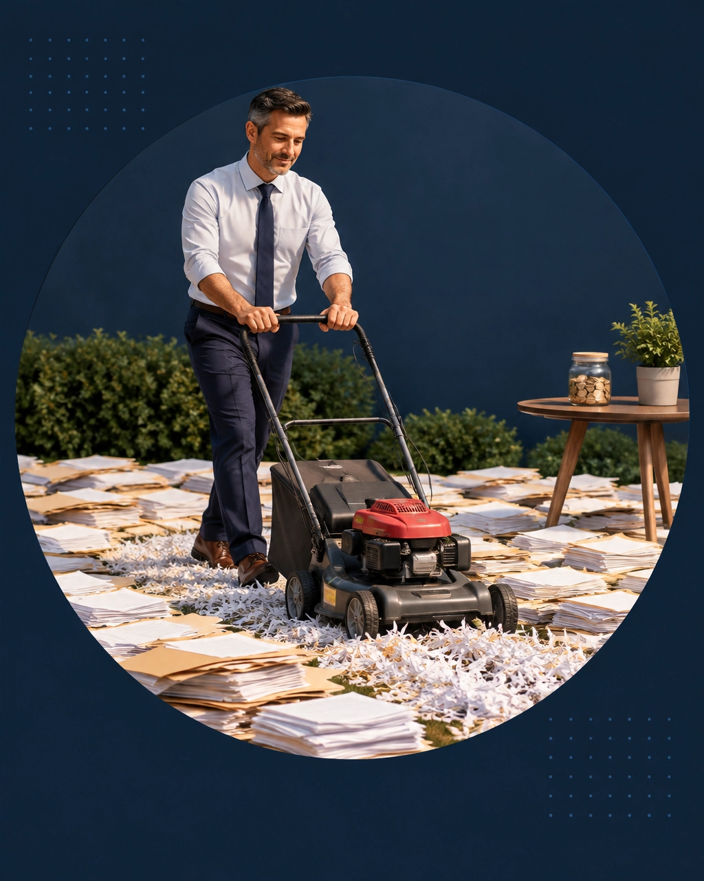 Professional man in business clothes mowing a lawn made from divorce paperwork and shredded job letters while emergency savings sit safely nearby