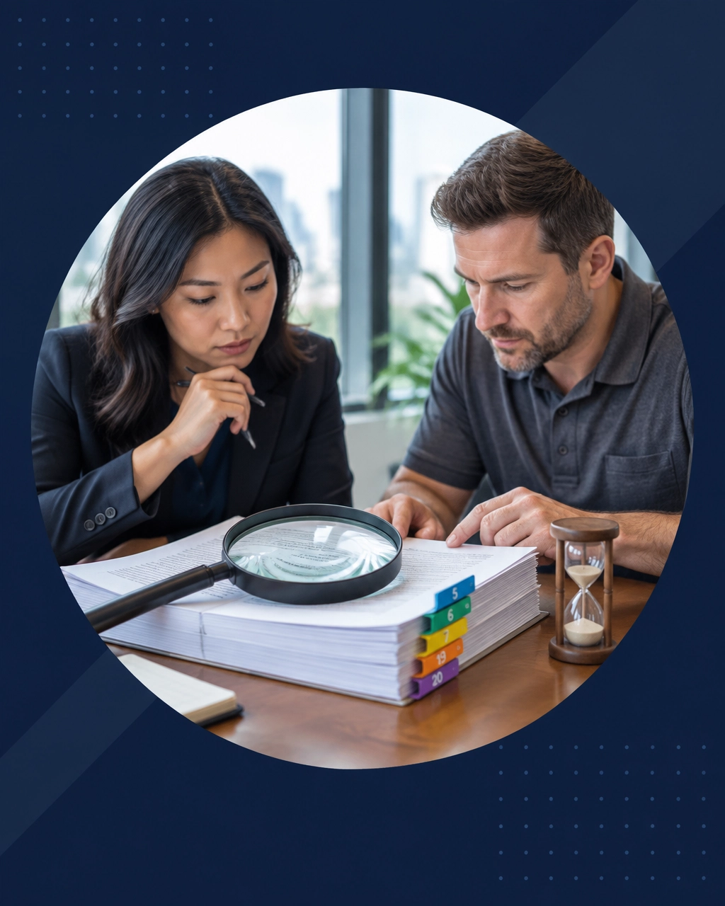 Two prospective franchise owners reviewing FDD sections with a magnifying glass and 14-day hourglass