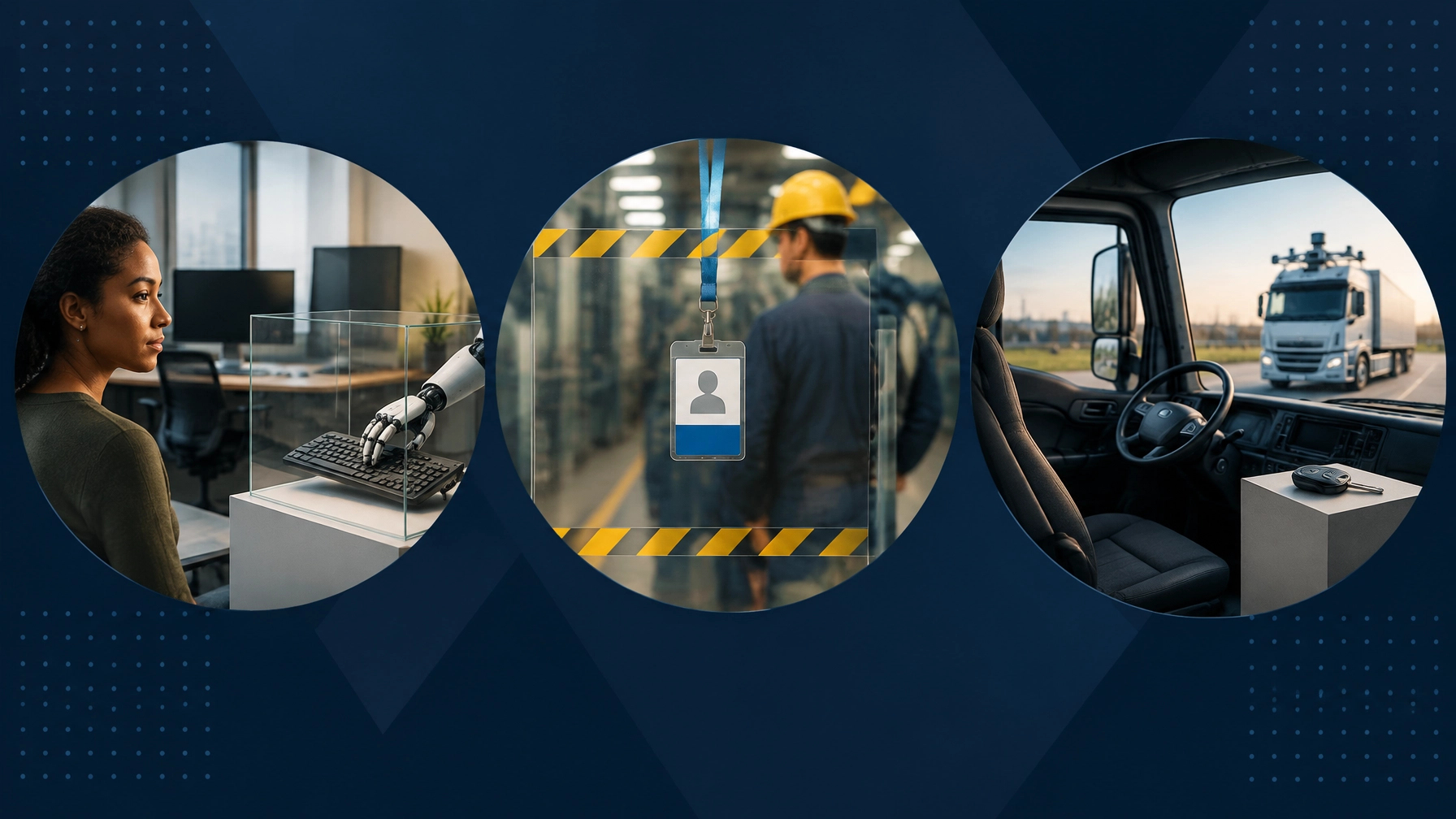 Circular scenes showing a software keyboard, manufacturing badge, and autonomous truck cab under automation pressure