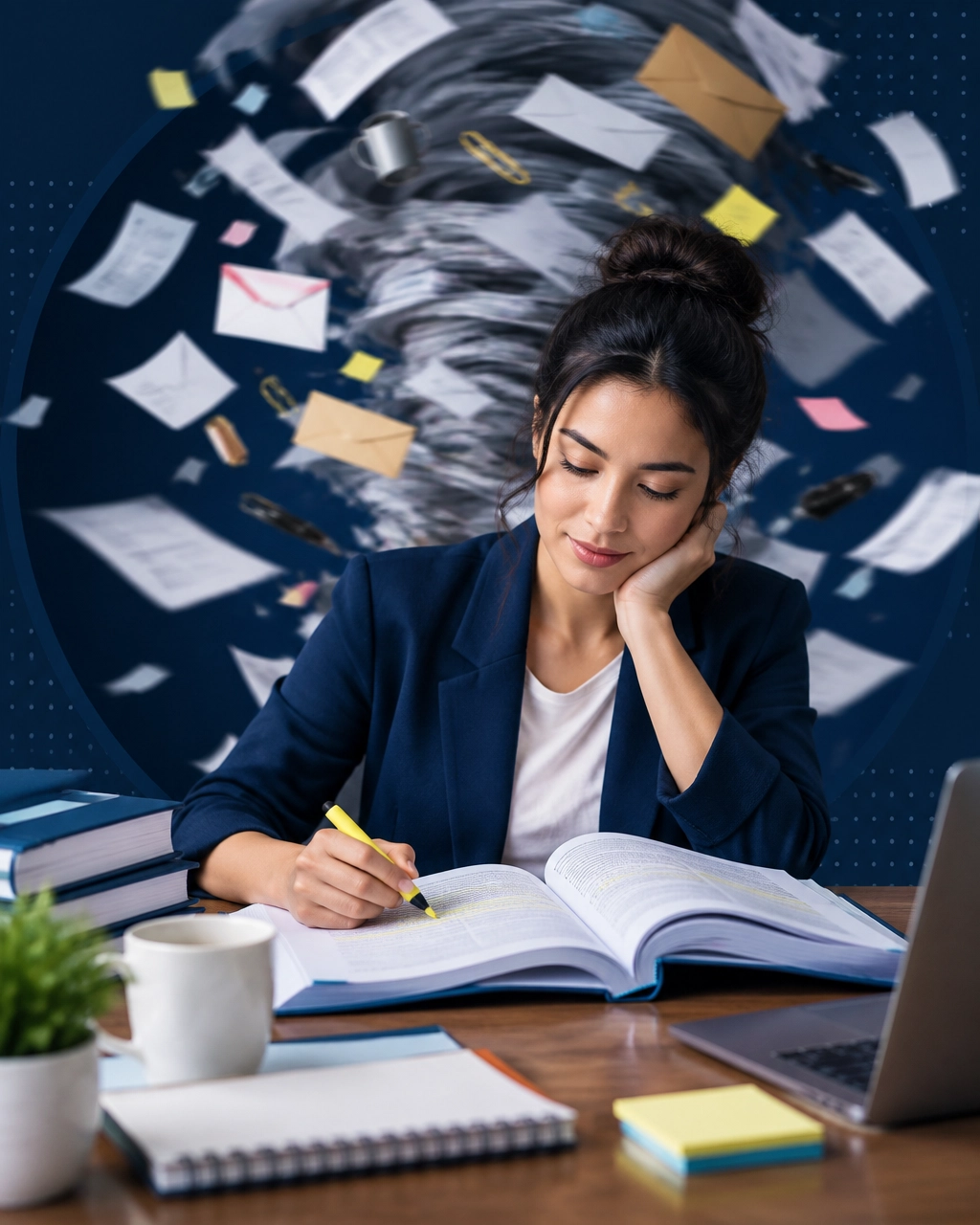 Entrepreneur calmly reading a franchise playbook while a tornado of paperwork swirls behind them