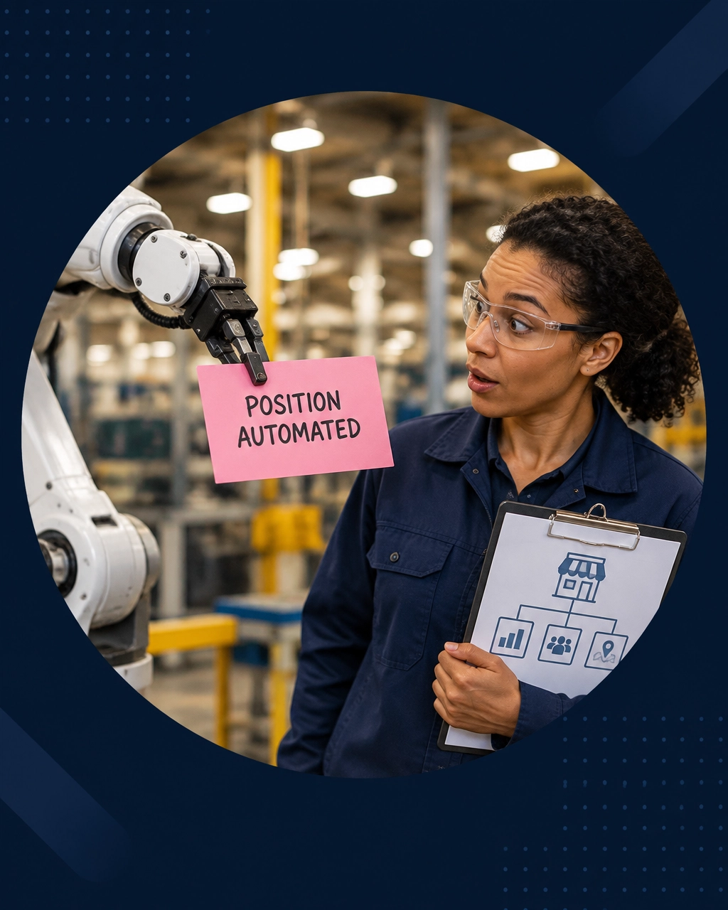 A robotic assembly arm hands a factory supervisor a pink slip labeled “Position Automated” while she reviews a business plan