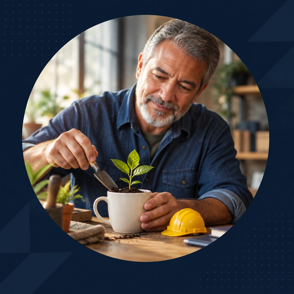 A bereaved professional plants a seedling in a coffee mug beside a miniature hard hat, symbolizing rebuilding after loss