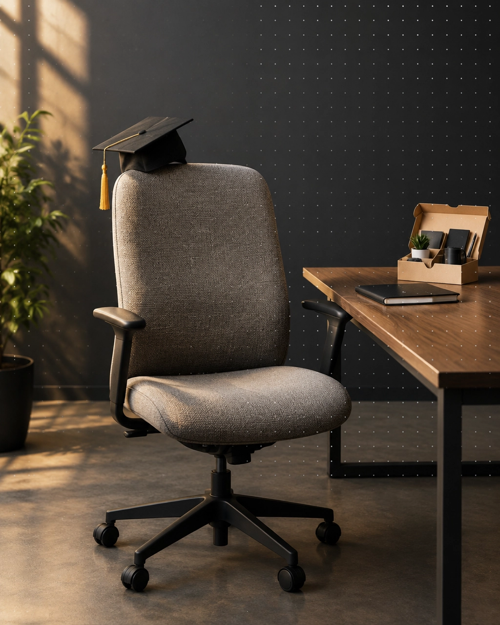 An empty office chair wearing a graduation cap beside a neatly organized business kit, symbolizing a new chapter after the children leave home