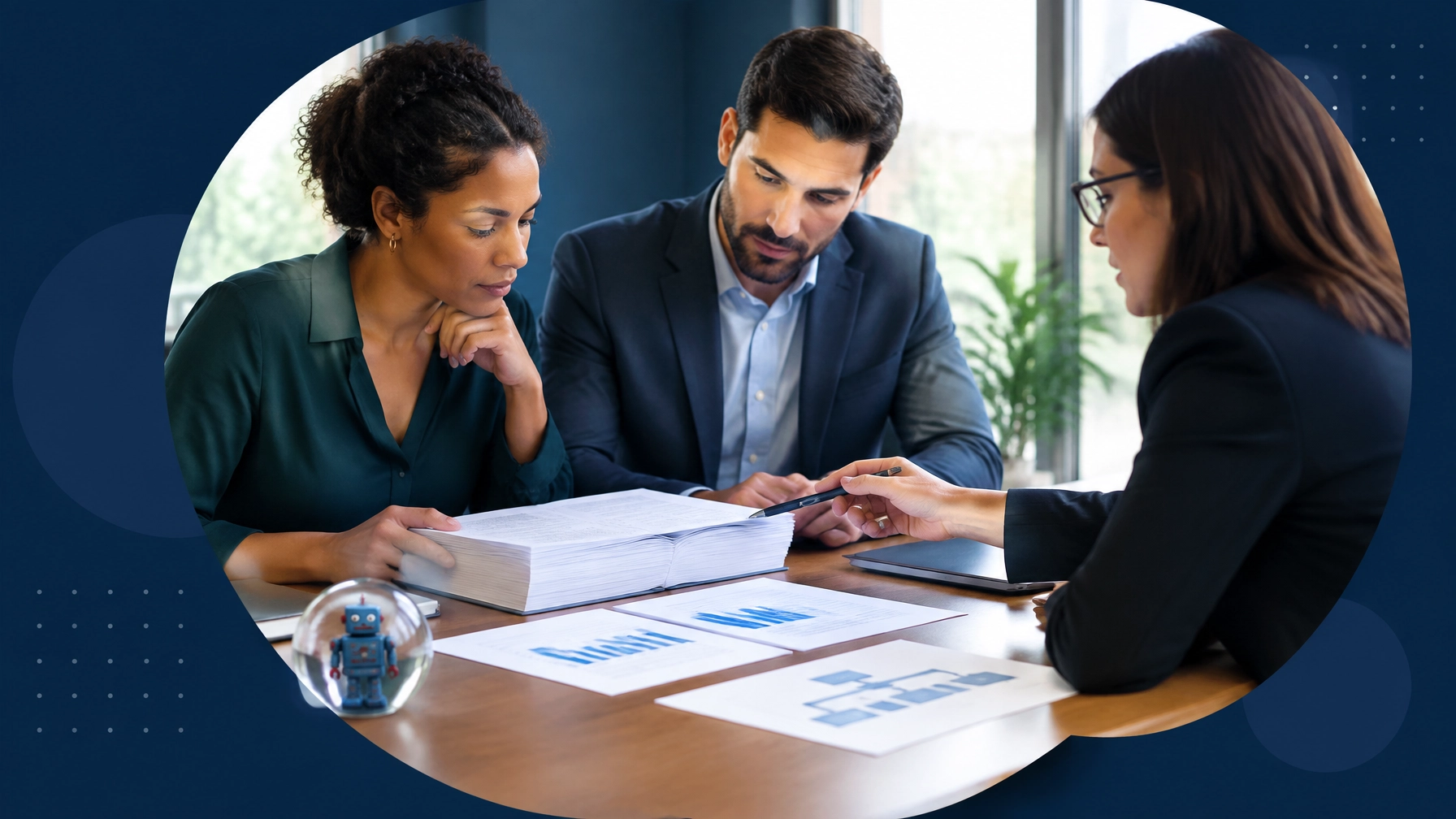 Prospective franchise owners review disclosure documents, financial charts, and an operating plan with an advisor