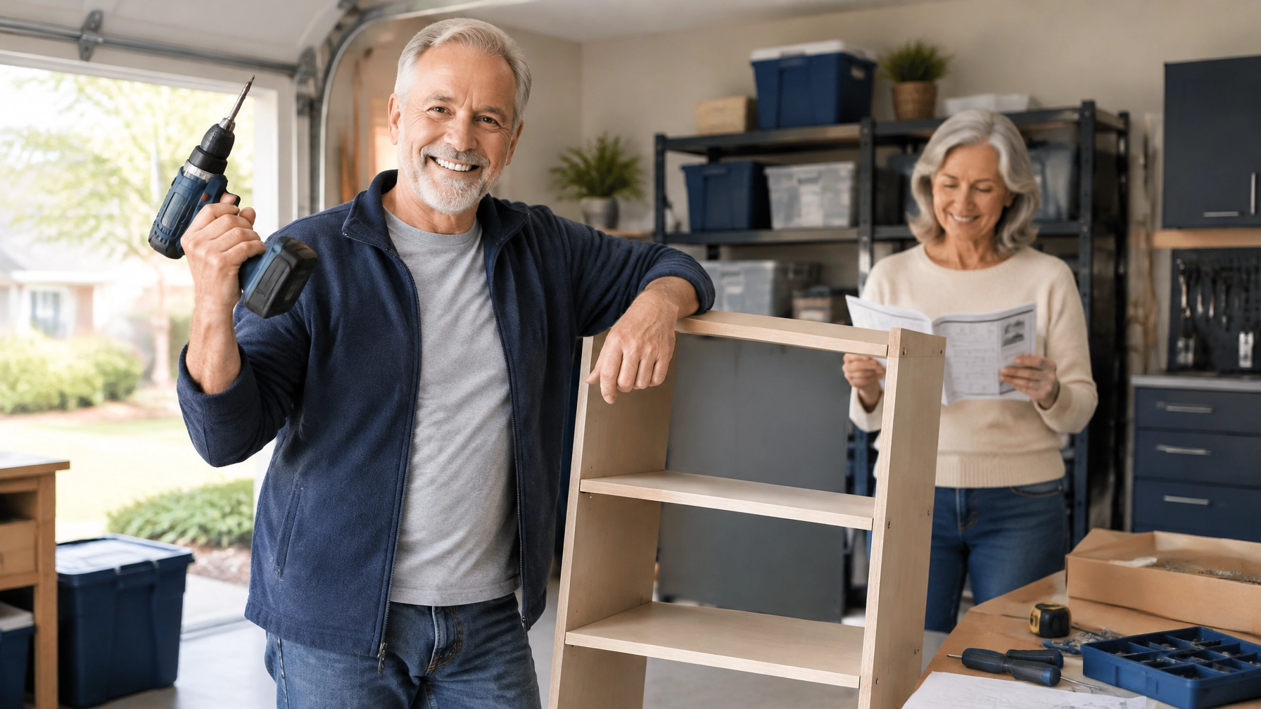 A smiling retiree holds a power drill like a trophy beside a partly assembled shelf while a partner checks the instructions