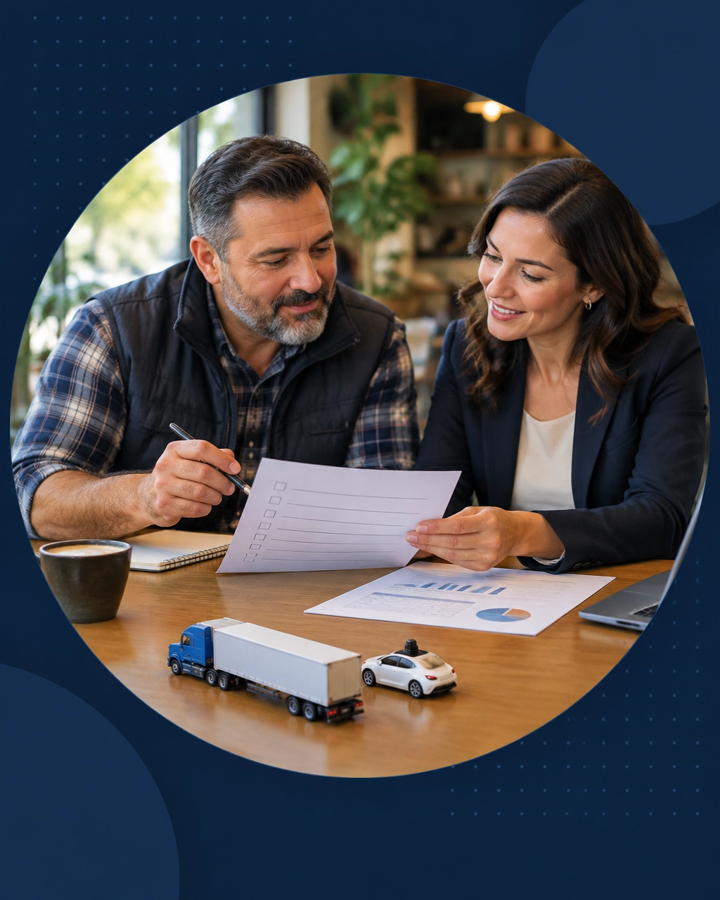 A couple and advisor review a checklist and budget, with small truck and car models on the table