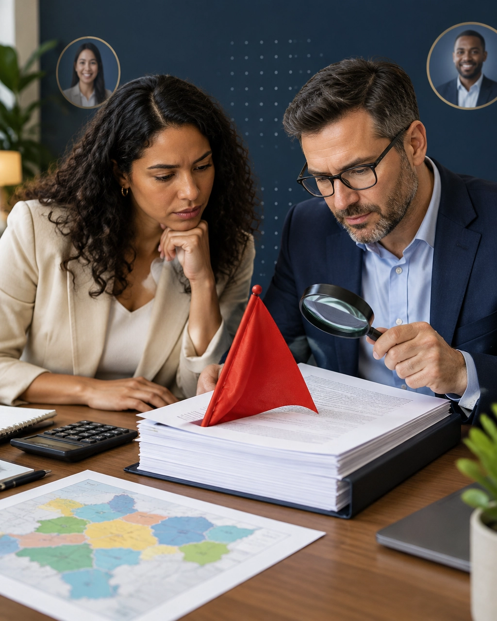 A prospective buyer and advisor examine franchise documents, a territory map, and a warning flag