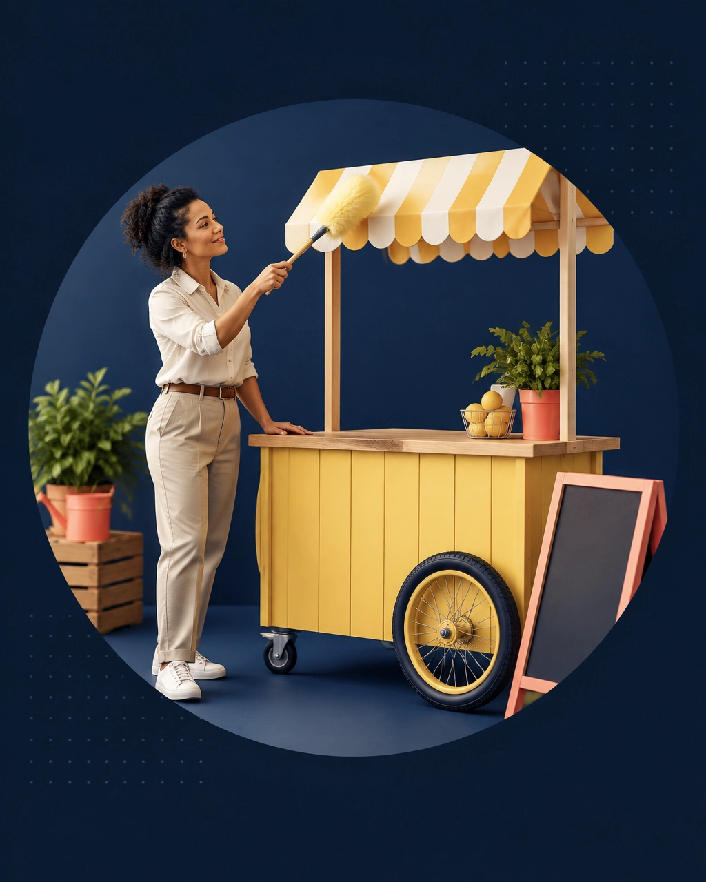 A professional entrepreneur dusts off a small mobile storefront, symbolizing a practical fresh start after a major life transition
