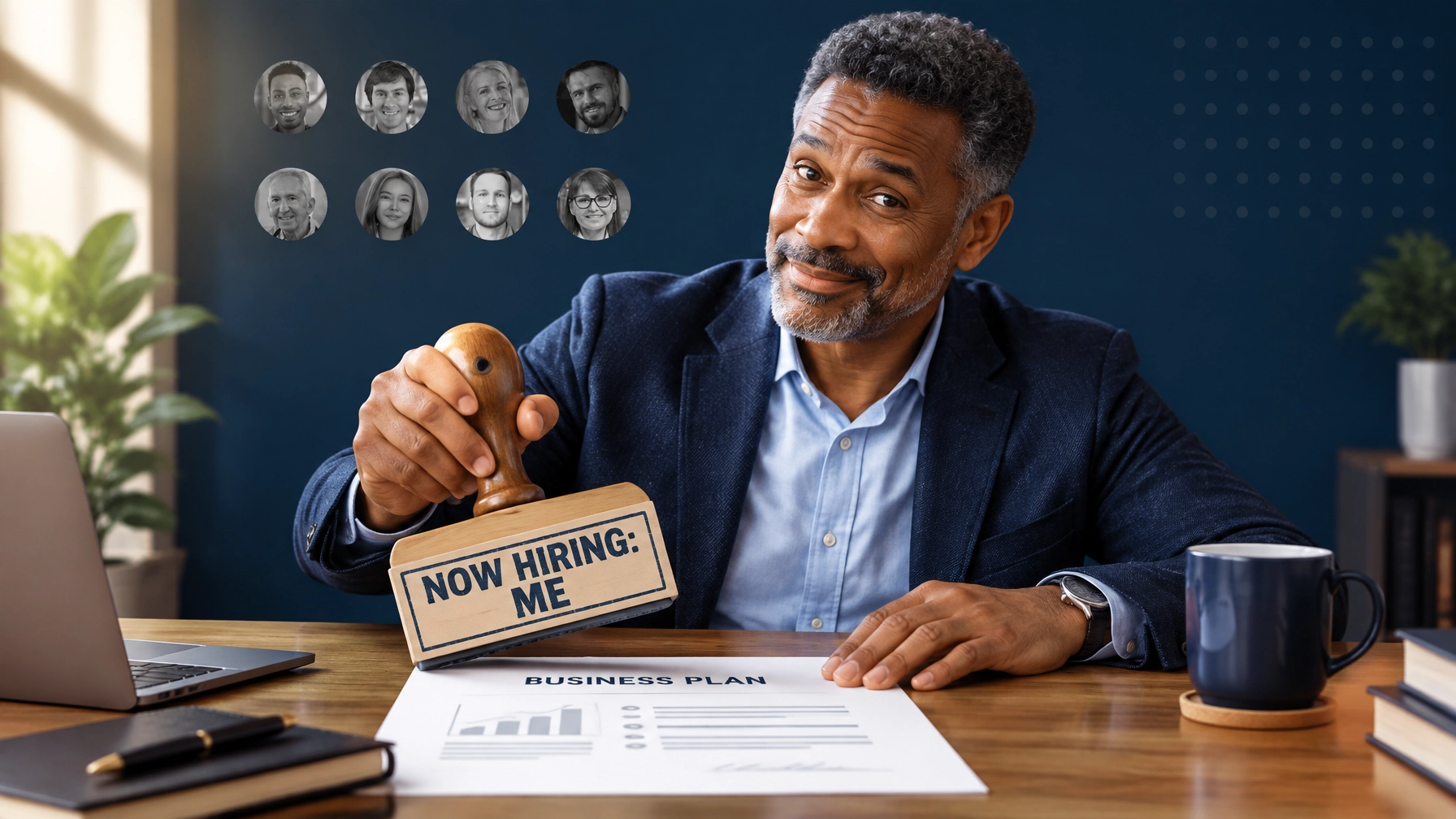 A confident professional stamping “NOW HIRING: ME” while reviewing a business plan