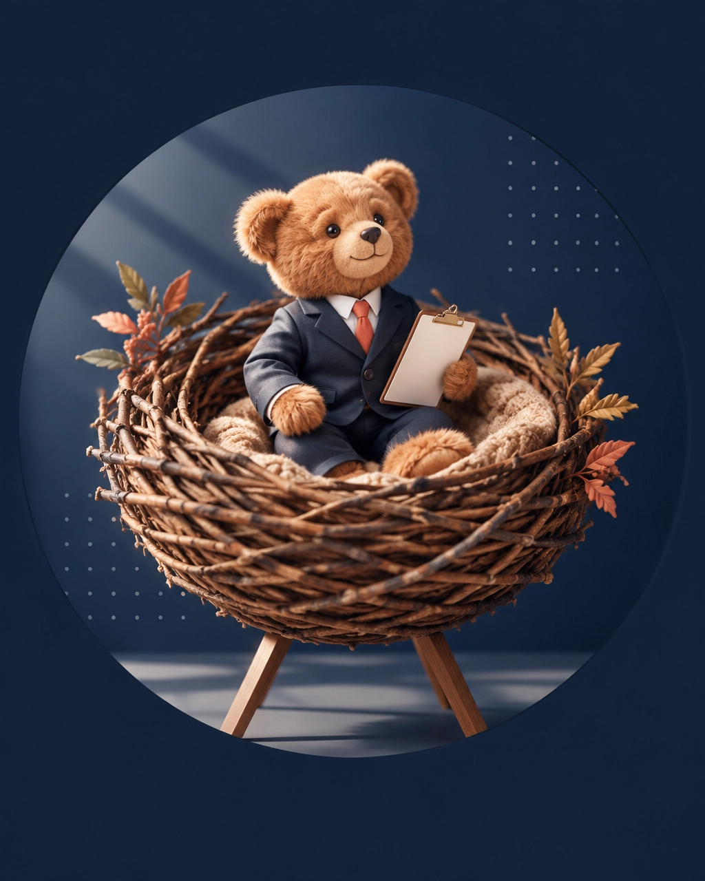 A teddy bear in a business suit sits in an empty nest with a clipboard, creating a humorous metaphor for building purpose after empty nesting