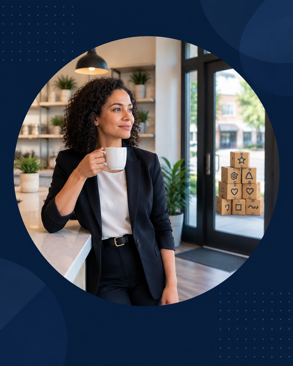 A confident entrepreneur sips coffee in a newly renovated storefront while old moving boxes wait outside