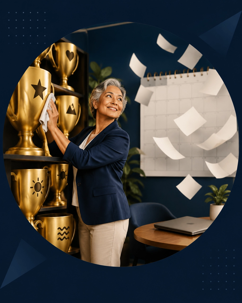 Older professional polishing oversized golden trophies beside a blank calendar and a closed laptop